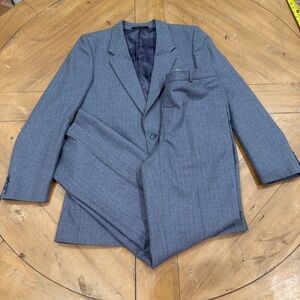 Vintage YSL Men's Blazer and Trouser Suit - 100% Wool Blue/Grey Pinstripe